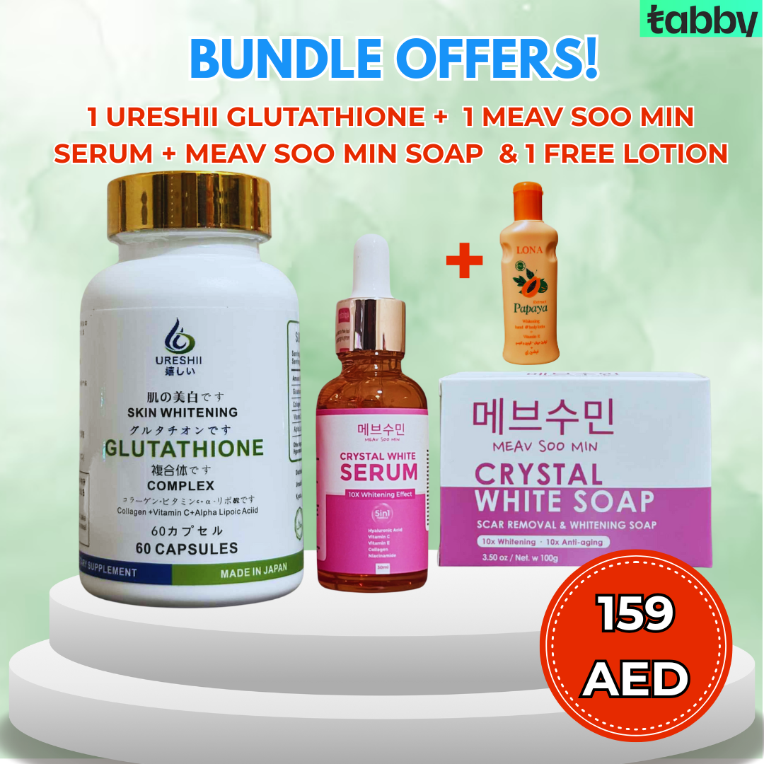 Ureshii glutathione capsules with serum and whitening soap bundle plus free lotion for glowing skin and brightening care