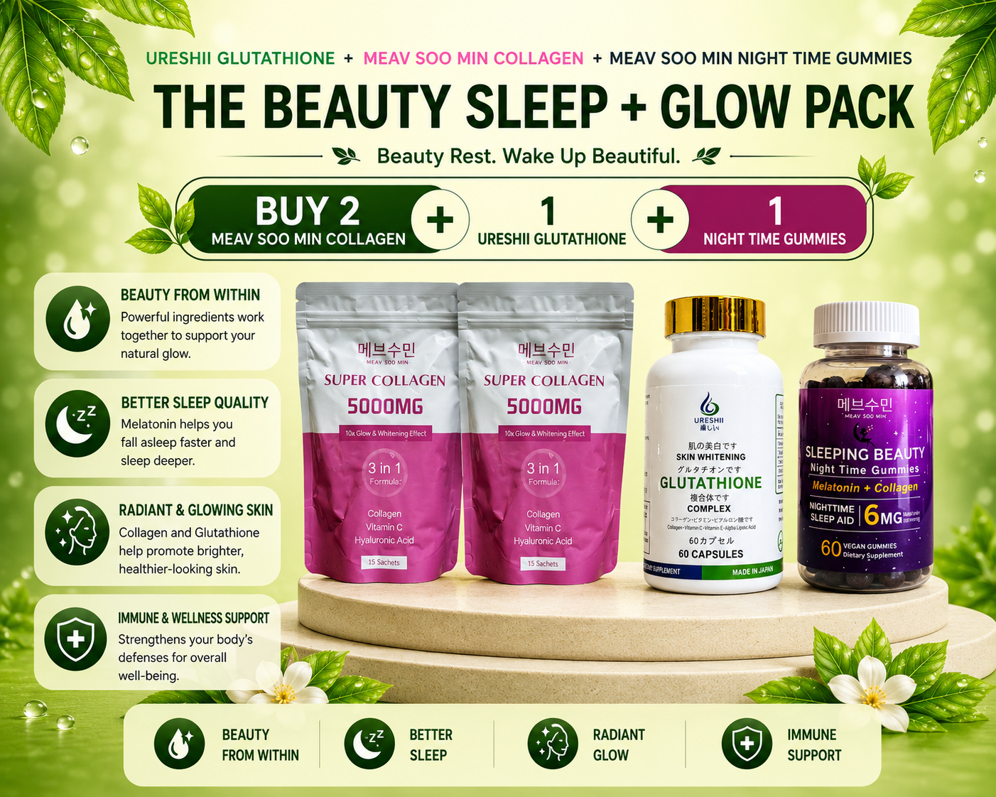 The Beauty Sleep + Glow Pack : 2 Collagen + 1 Gluta + 1 Night Gummies
