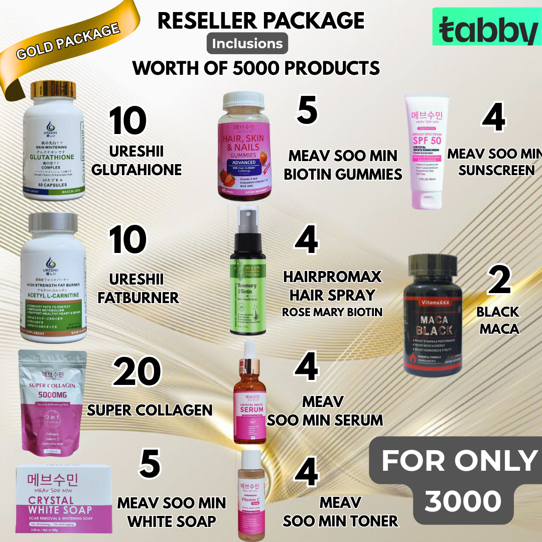 Reseller gold package with glutathione fat burner collagen gummies sunscreen serum toner soap and hair spray bundle set
