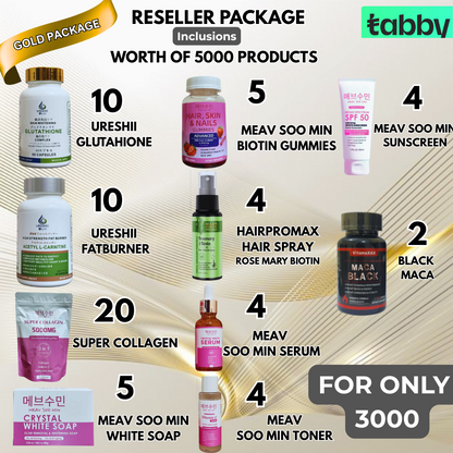 Reseller gold package with glutathione fat burner collagen gummies sunscreen serum toner soap and hair spray bundle set