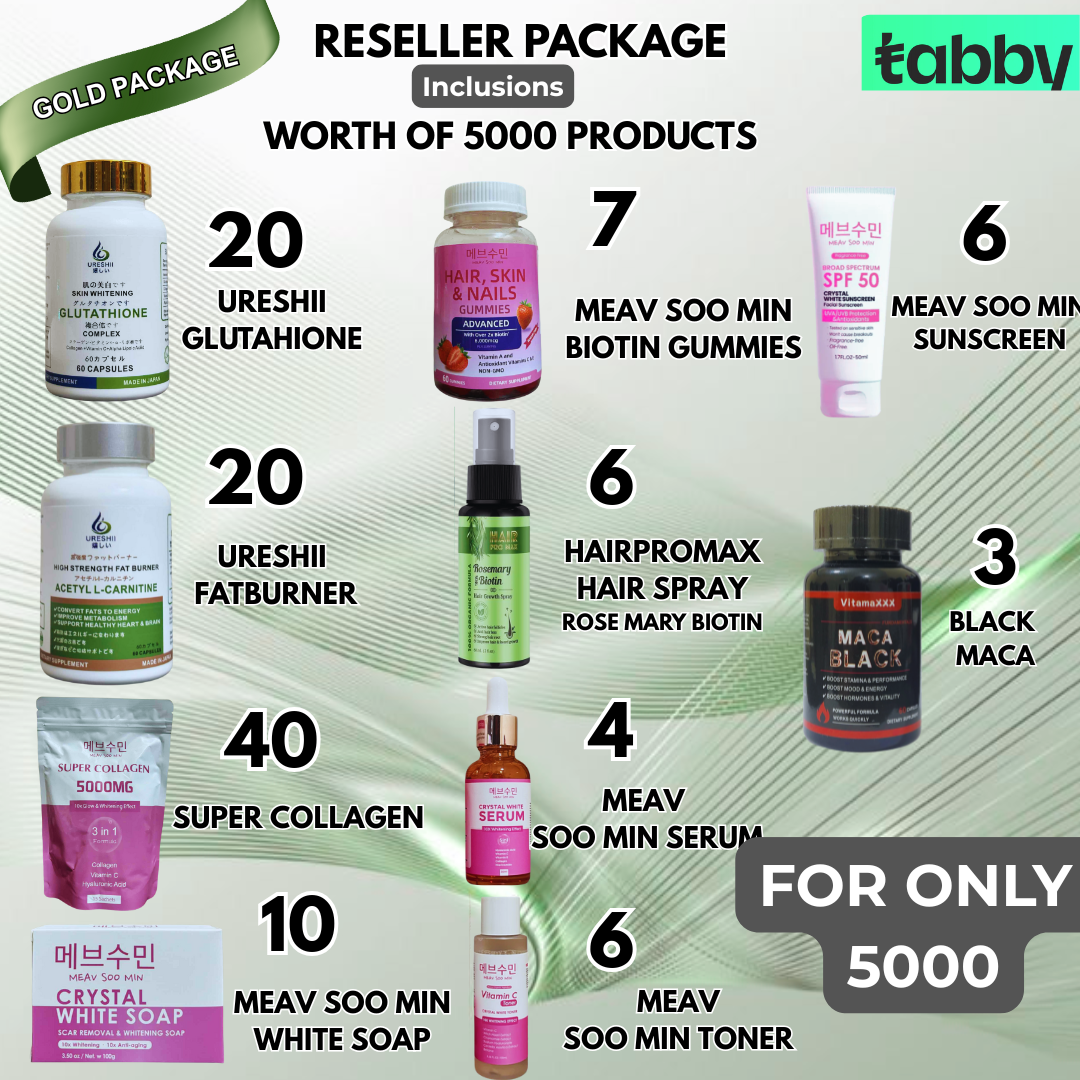 Reseller gold package bundle with glutathione fat burner collagen gummies sunscreen serum toner soap and hair spray set