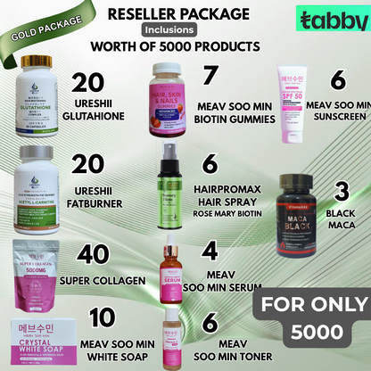 Reseller gold package bundle with glutathione fat burner collagen gummies sunscreen serum toner soap and hair spray set