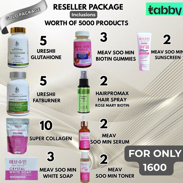 Reseller package with glutathione fat burner collagen gummies sunscreen serum toner soap and hair spray bundle for beauty business