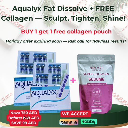 Aqualyx fat dissolve injections with free collagen pouch for body contouring, skin tightening and holiday glow offer