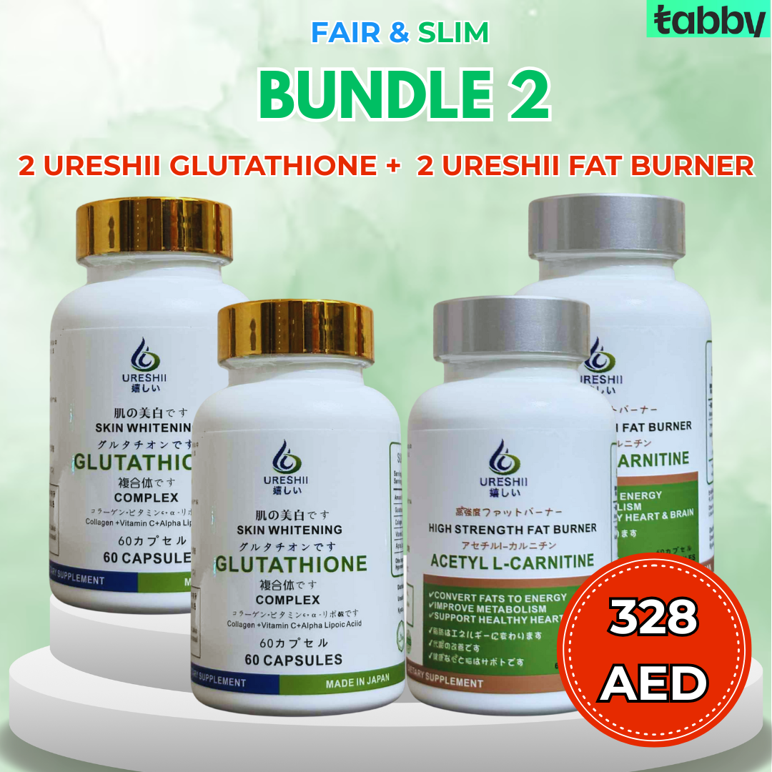 Ureshii glutathione and fat burner capsules bundle for skin whitening, weight loss, metabolism boost and energy support
