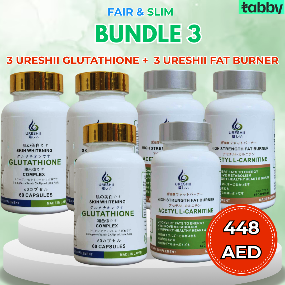 Ureshii glutathione and fat burner capsules bundle for skin whitening, fat loss, metabolism boost and energy support
