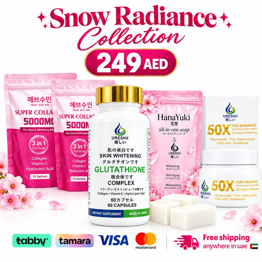 A promotional collage for the Ureshi Shine 'Snow Radiance Collection' showing multiple skincare products including collagen and glutathione supplements, a soap bar, and a Yuki Radiance 50X jar, with price text '249 AED' and payment and shipping icons at the bottom.