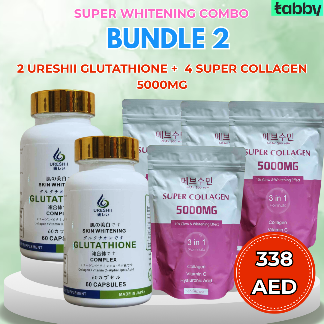 Ureshii glutathione capsules with super collagen 5000mg sachets bundle for skin whitening, anti aging and glowing skin support