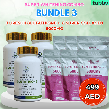 Ureshii glutathione capsules with super collagen 5000mg sachets bundle for skin whitening, anti aging and radiant glow support