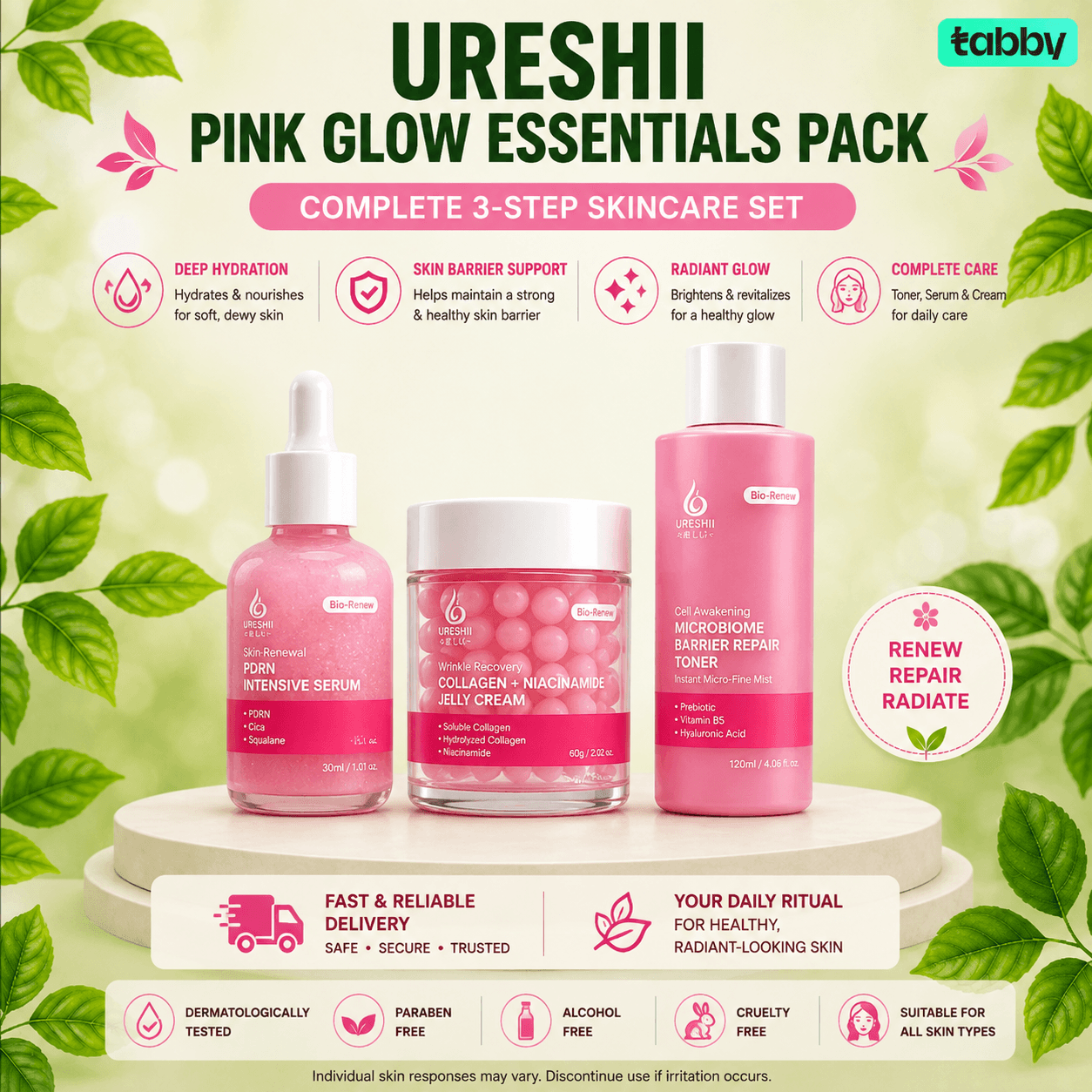 Ureshii Pink Glow Essentials Pack featuring a 3-step skincare set: Deep Hydration Serum, Collagen & Macadamian Clay Cream, and Sericinum Facial Repair Tower, displayed on a pedestal with decorative green leaves and text overlays.