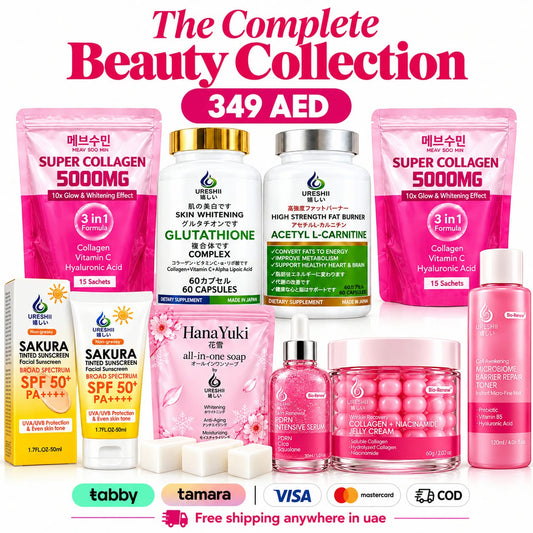 A promotional collage for a beauty collection showing multiple skincare products: two pink Super Collagen 5000MG bottles, a white and green Glutathione Complex bottle, an Acetyl L-Carnitine bottle, a Sakura facial toner, a Hana Yuki pink soap bar, a pink collagen tracking cream jar, and a pink serum bottle. Large text at the top reads 'The Complete Beauty Collection' and '349 AED'.