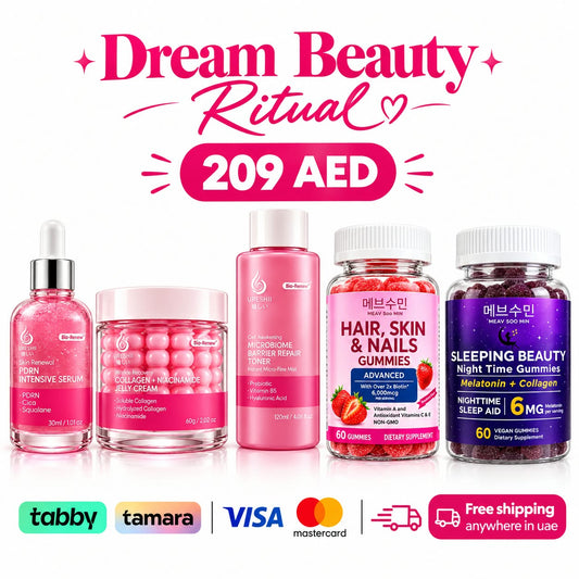 Four pink beauty supplement and skincare products arranged on a white background under the headline 'Dream Beauty Ritual 209 AED'. The products include a serum bottle, a cream jar, a toner bottle, and a gummy bottle.