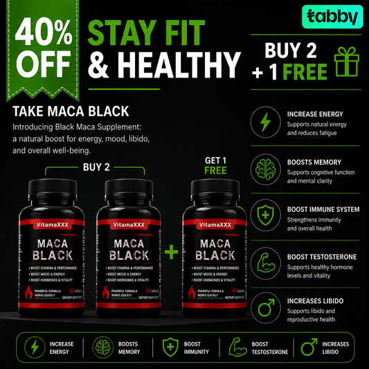 Black Maca dietary supplement buy 2 get 1 free promotion featuring capsules formulated to support natural energy, stamina, vitality, and overall wellness.