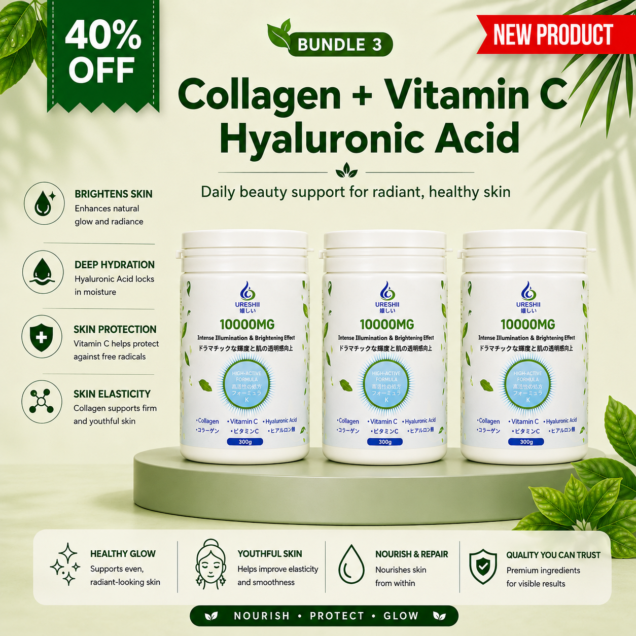Three-pack Collagen + Vitamin C + Hyaluronic Acid bundle displayed with a 40% off promotion, highlighting daily beauty support, skin hydration, elasticity support, and radiant, healthy-looking skin.