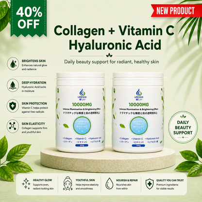 Ureshii Collagen, Vitamin C, and Hyaluronic Acid supplement promoting daily beauty support, skin hydration, elasticity, and a healthy radiant complexion.