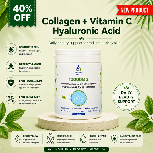 Ureshii Collagen, Vitamin C, and Hyaluronic Acid supplement formulated to support skin hydration, elasticity, and a healthy radiant appearance.