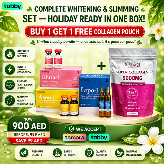 Complete Whitening and Slimming Set featuring Gluta-1, Aseo-1, Lipo-1, and a free Meav Soo Min Super Collagen 5000mg pouch, designed to support beauty, wellness, and weight management goals.