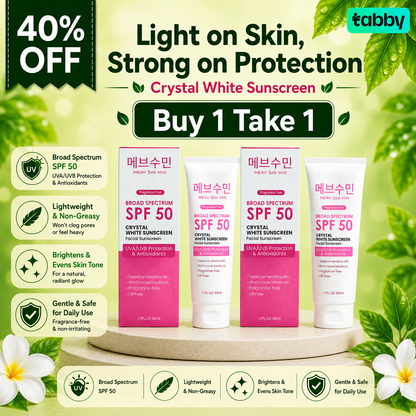 Crystal White SPF 50 sunscreen buy 1 take 1 promotion featuring broad-spectrum facial sunscreen designed for lightweight daily UV protection and healthy-looking skin.