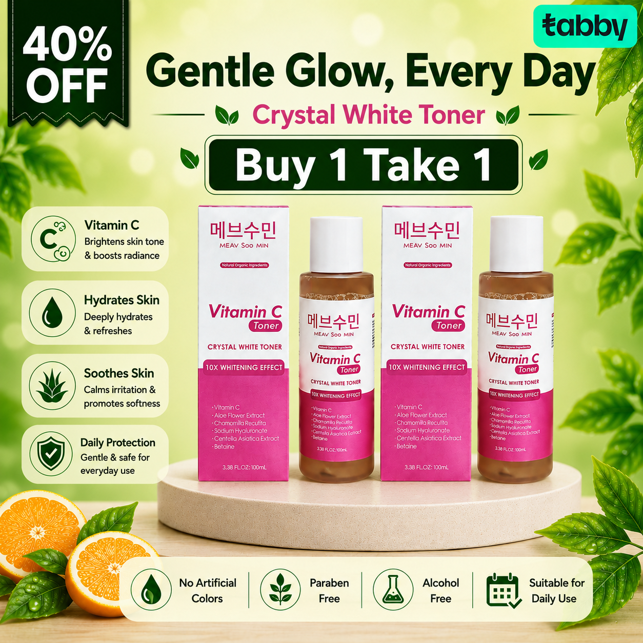 Crystal White Vitamin C Toner buy 1 take 1 promotion featuring hydrating facial toner formulated to refresh skin, support a brighter-looking complexion, and provide daily skincare benefits.