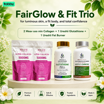 FairGlow & Fit Trio featuring Meav Soo Min Super Collagen 5000MG, Ureshii Glutathione Complex, and Ureshii Acetyl L-Carnitine Fat Burner to support skin wellness, antioxidant protection, and metabolism.