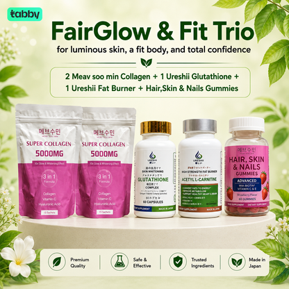 FairGlow & Fit Trio bundle featuring Meav Soo Min Super Collagen 5000MG, Ureshii Glutathione Complex, Ureshii Acetyl L-Carnitine Fat Burner, and Hair Skin & Nails Gummies for comprehensive beauty and wellness support.
