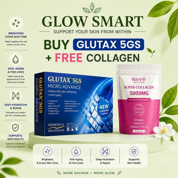Glutax 5GS Micro Advance paired with free Meav Soo Min Super Collagen 5000 in a promotional bundle designed to support brighter-looking skin, hydration, and overall skin wellness.