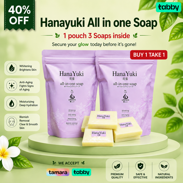 Hanayuki All in One Soap promotional image featuring moisturizing beauty soap bars and refill pouches designed to support clean, smooth, and radiant-looking skin.