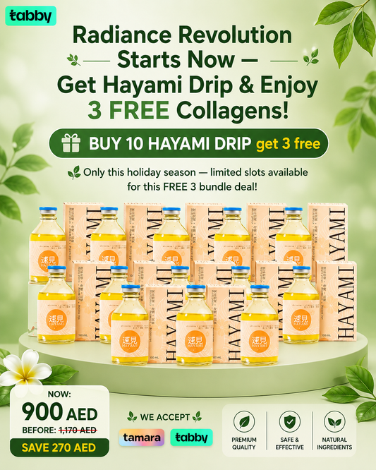 Hayami Drip holiday bundle featuring 10 Hayami Drip bottles with a Buy 10 Get 3 Free offer, presented as a premium beauty and wellness package for daily support.