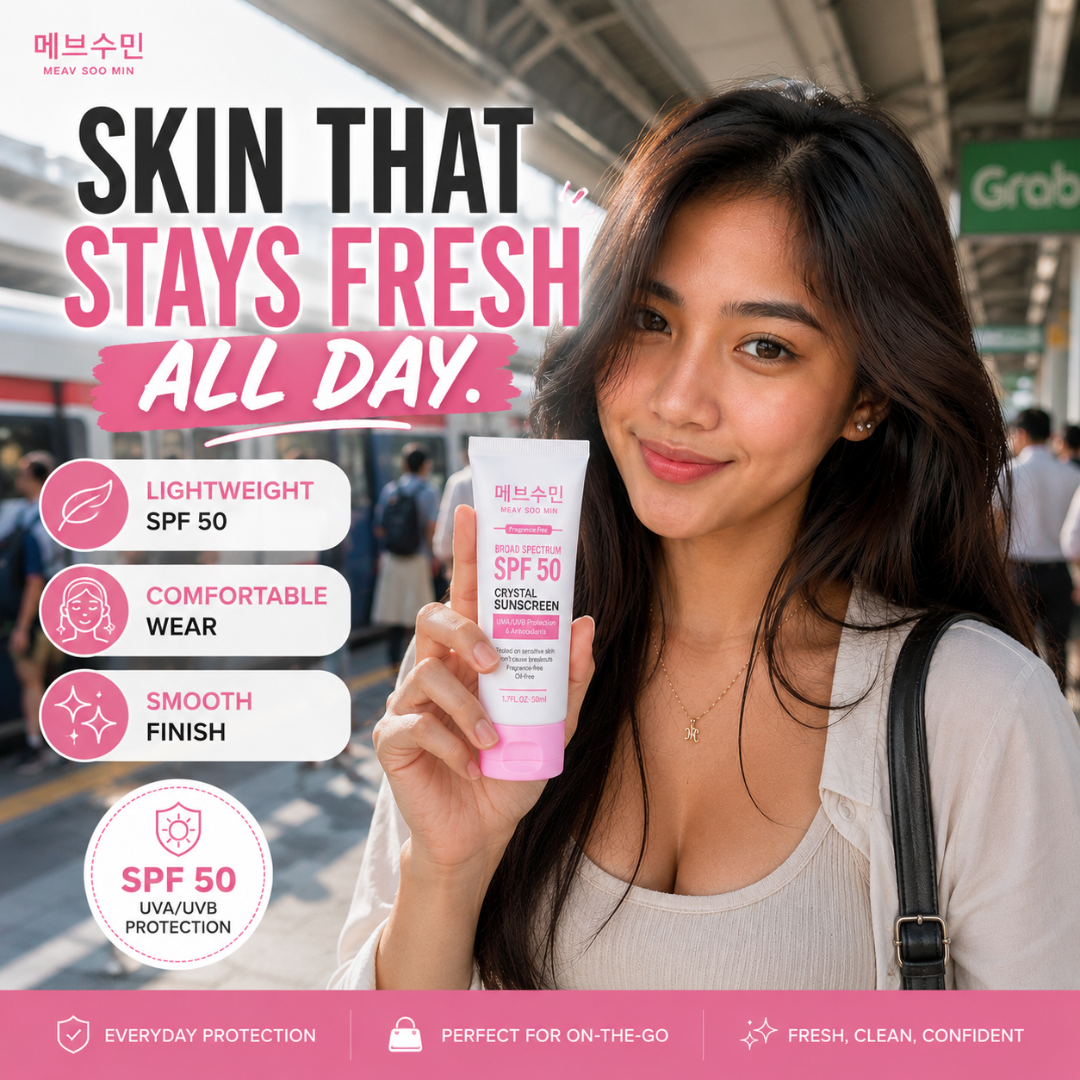 MEAV Soo Min Broad Spectrum SPF 50 Crystal White Sunscreen with lightweight UVA and UVB protection for fresh, comfortable, healthy-looking skin throughout the day