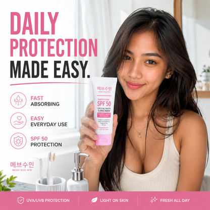 MEAV Soo Min Spectrum SPF 50 Crystal White Sunscreen with broad-spectrum UVA and UVB protection, fast-absorbing formula, and lightweight daily wear for healthy-looking skin