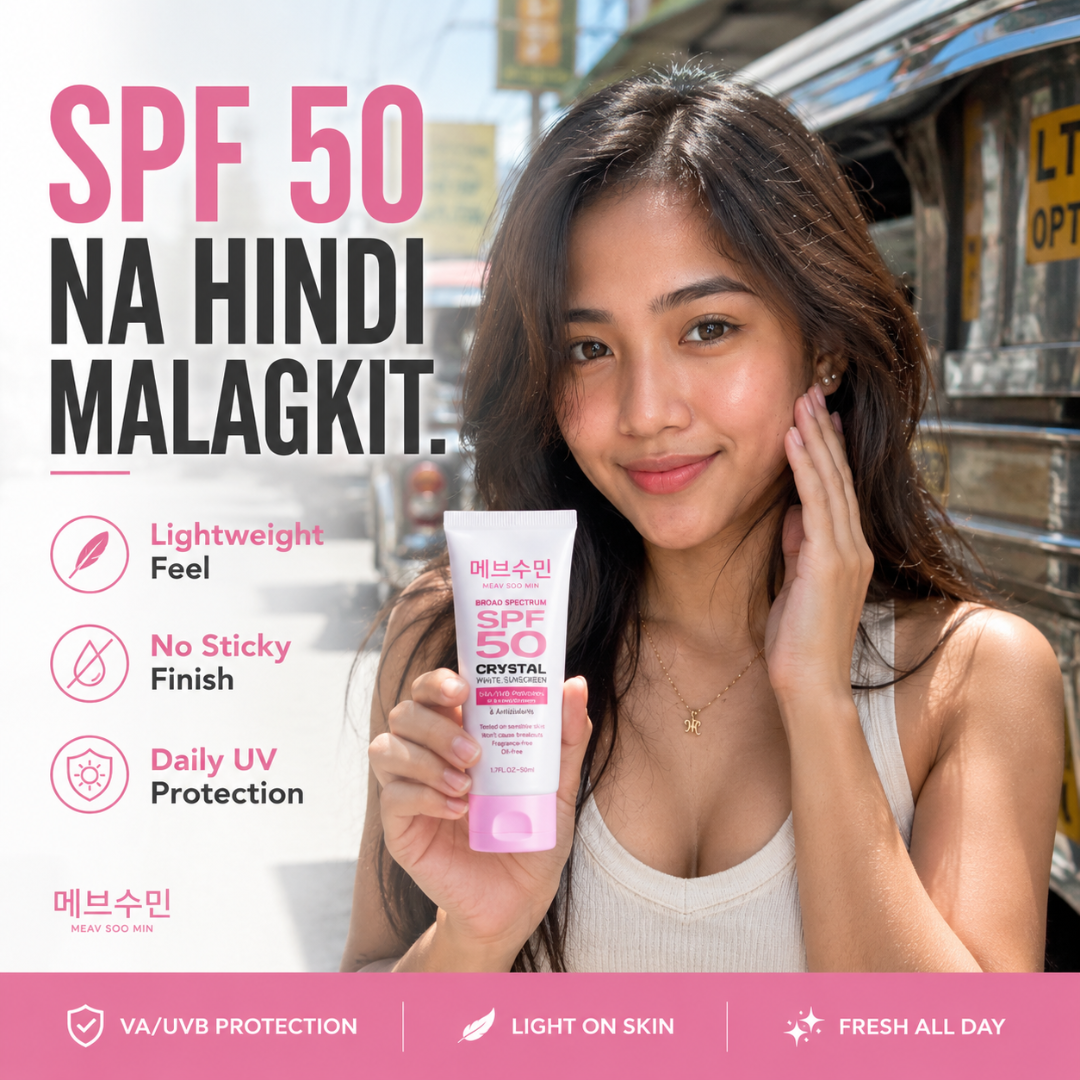 MEAV Soo Min Broad Spectrum SPF 50 Crystal White Sunscreen with lightweight non-sticky formula and daily UVA and UVB protection for healthy-looking skin
