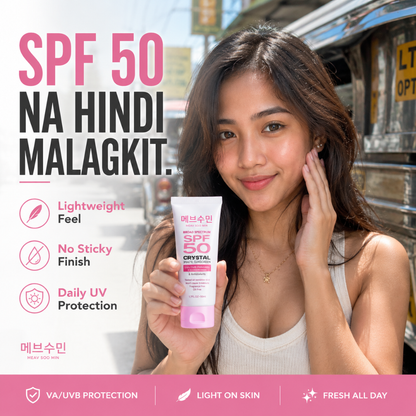 MEAV Soo Min Broad Spectrum SPF 50 Crystal White Sunscreen with lightweight non-sticky formula and daily UVA and UVB protection for healthy-looking skin