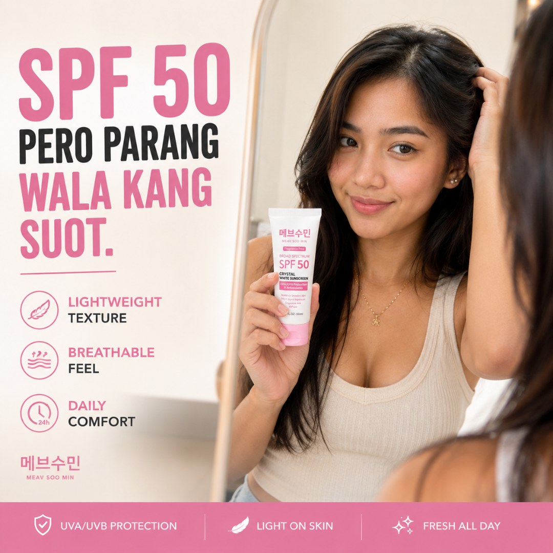 MEAV Soo Min Spectrum SPF 50 Crystal White Sunscreen with lightweight texture, broad-spectrum UVA and UVB protection, and comfortable daily wear for healthy-looking skin