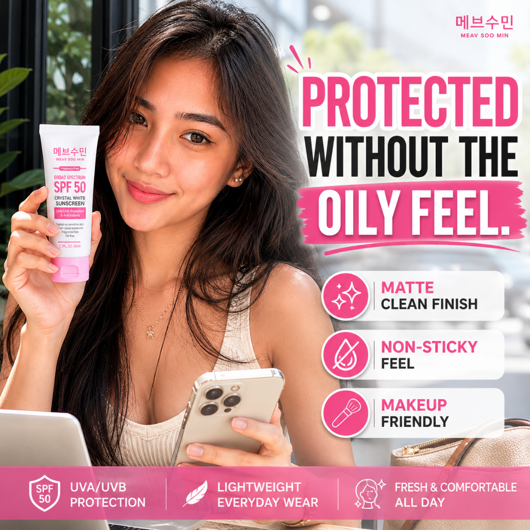 MEAV Soo Min Broad Spectrum SPF 50 Crystal White Sunscreen with UVA and UVB protection, lightweight non-sticky formula, matte finish, and makeup-friendly daily wear