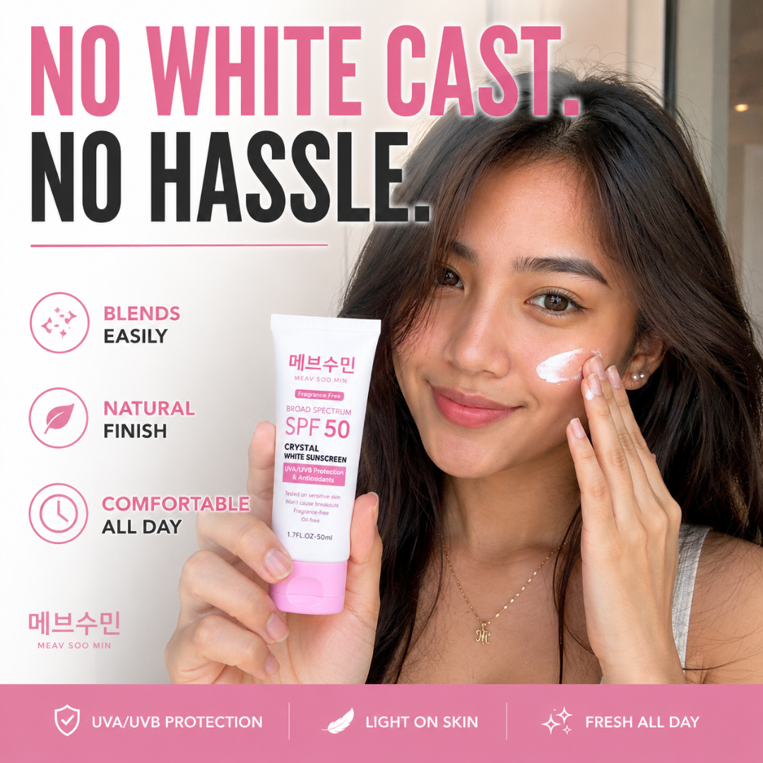 MEAV Soo Min Broad Spectrum SPF 50 Crystal White Sunscreen with lightweight UVA and UVB protection, blends easily without a white cast, and provides a natural-looking finish for everyday use