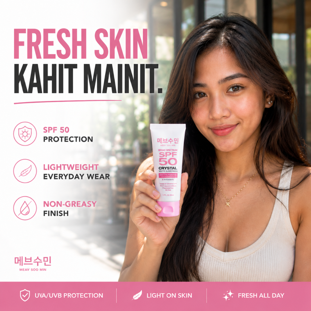 MEAV Soo Min Broad Spectrum SPF 50 Crystal White Sunscreen with lightweight non-greasy formula and UVA/UVB protection for fresh, comfortable everyday wear