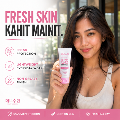 MEAV Soo Min Broad Spectrum SPF 50 Crystal White Sunscreen with lightweight non-greasy formula and UVA/UVB protection for fresh, comfortable everyday wear
