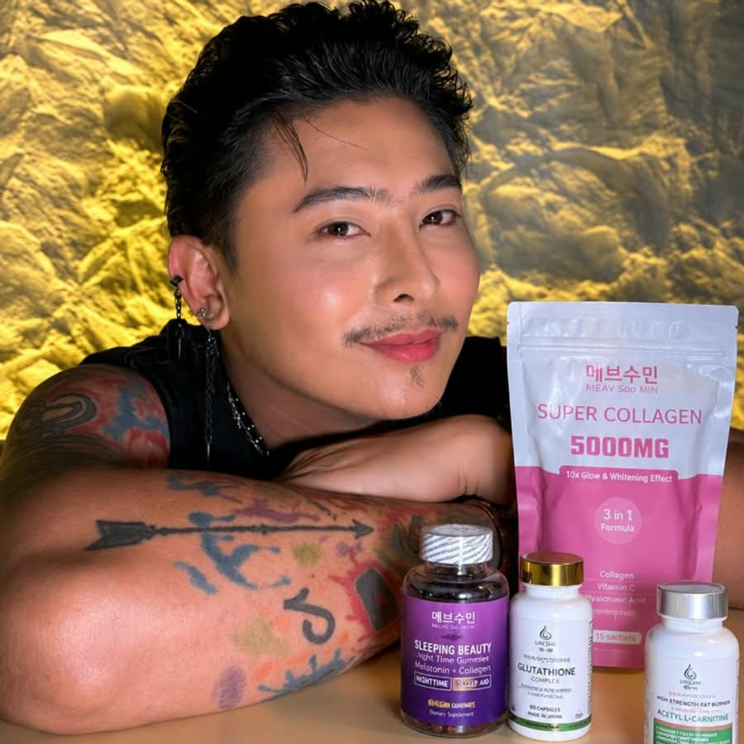 Lifestyle image featuring a creator with Meav Soo Min Super Collagen 5000mg, Glutathione Complex, Sleeping Beauty, and Acetyl L-Carnitine supplements for daily wellness and beauty support.