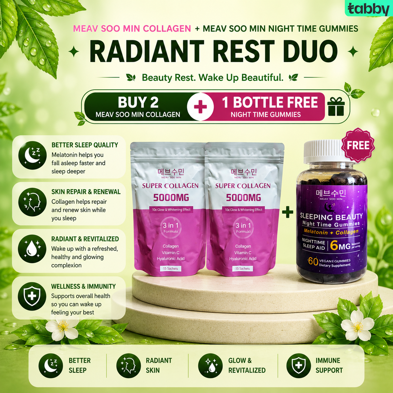 Meav Soo Min Radiant Rest Duo bundle with two Super Collagen 5000mg sachets and one free Sleeping Beauty Night Time Gummies bottle, designed to support overnight beauty wellness and daily skin nourishment.