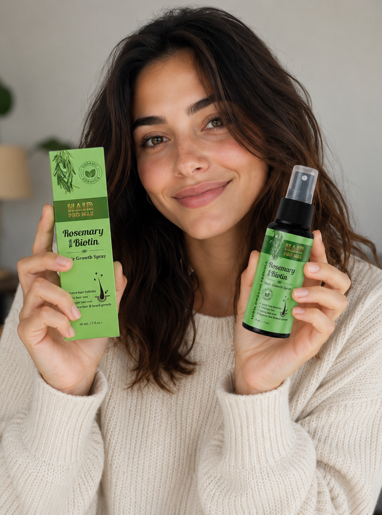 Smiling woman holding Rosemary & Biotin Hair Growth Spray and matching product box, highlighting a lightweight daily scalp care formula that supports healthier-looking, fuller hair.