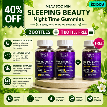 Meav Soo Min Sleeping Beauty Night Time Gummies promotion featuring melatonin and collagen gummies in a buy 2 get 1 free offer to support restful sleep and overnight wellness.