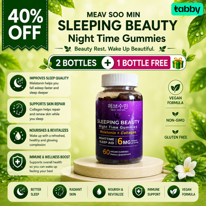 Meav Soo Min Sleeping Beauty Night Time Gummies with melatonin and collagen formulated to support restful sleep, overnight skin wellness, and daily rejuvenation.