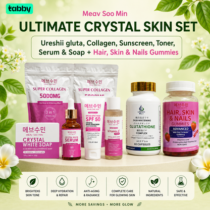 Ultimate Crystal Skin Set with Meav Soo Min Super Collagen 5000MG, Ureshii Glutathione Complex, Crystal White Soap, Crystal White Serum, SPF 50 Sunscreen, Vitamin C Toner, and Hair Skin & Nails Gummies for complete beauty and skincare support.