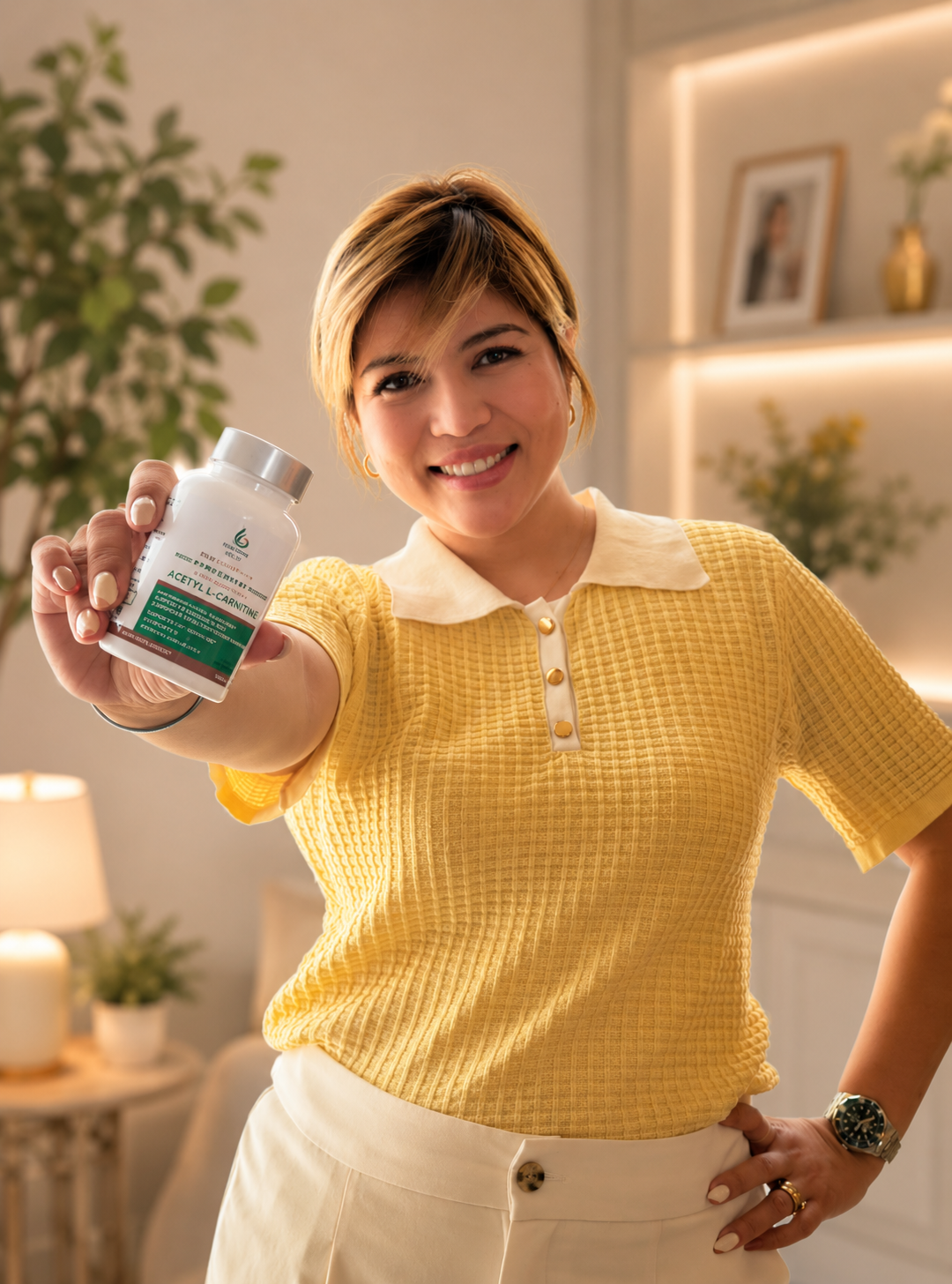 Ureshii Acetyl L-Carnitine supplement bottle held by a smiling woman, promoting daily wellness support, active lifestyle, and everyday energy