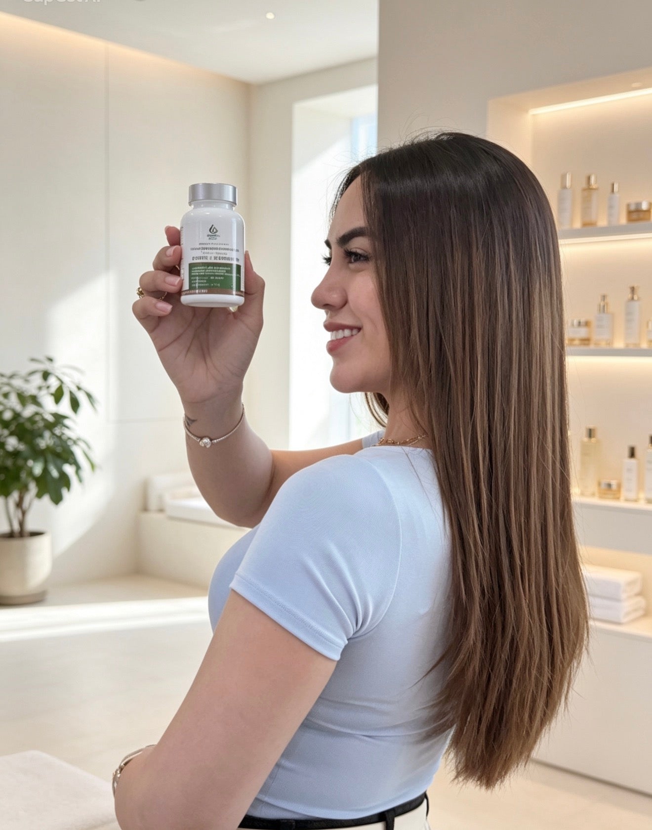 Side profile of a smiling woman holding a Ureshii Acetyl L-Carnitine supplement bottle in a bright modern skincare studio, highlighting a premium wellness product in a natural lifestyle setting.