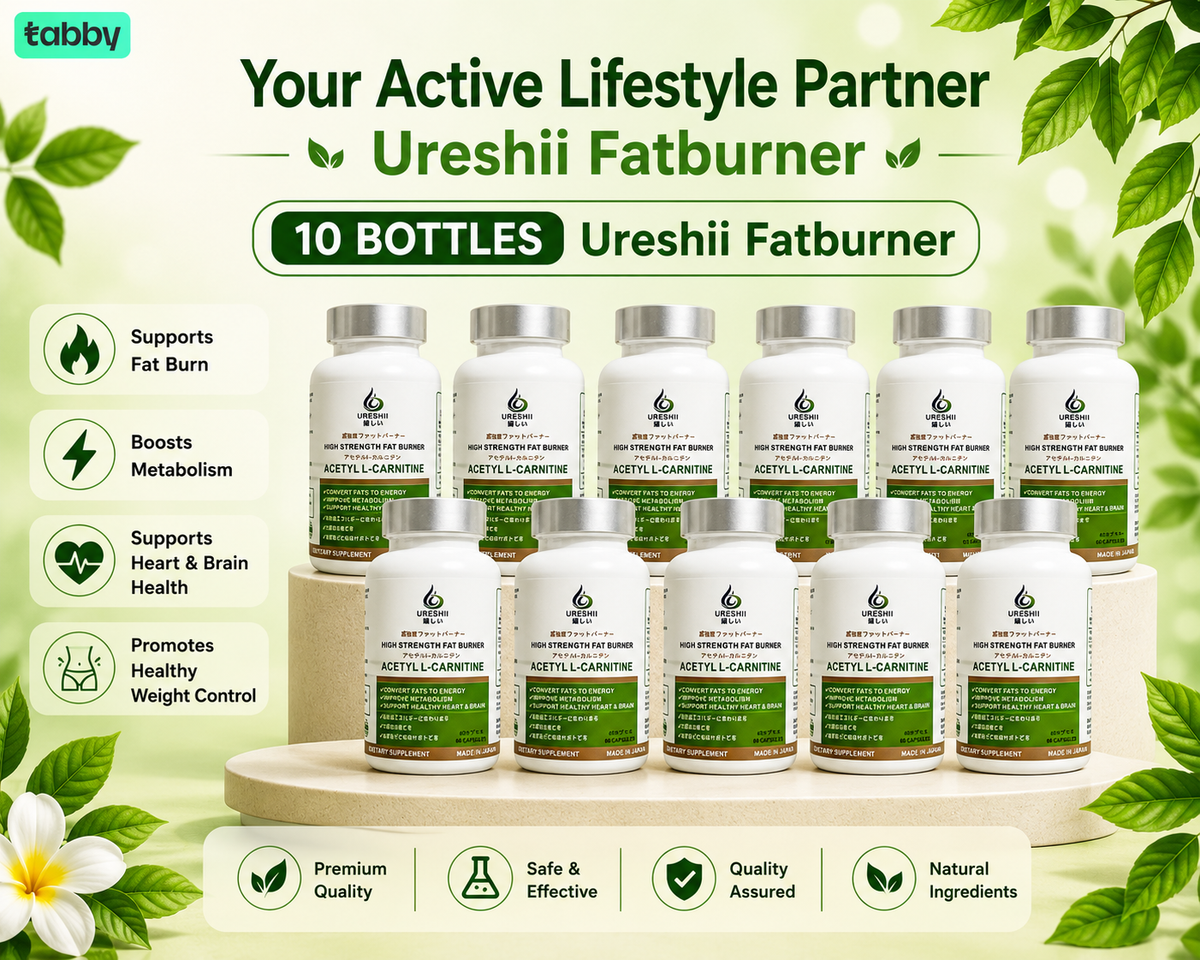 Ureshii Fat Burner 10-bottle bundle featuring Acetyl L-Carnitine capsules for metabolism support, energy production, and healthy weight management.