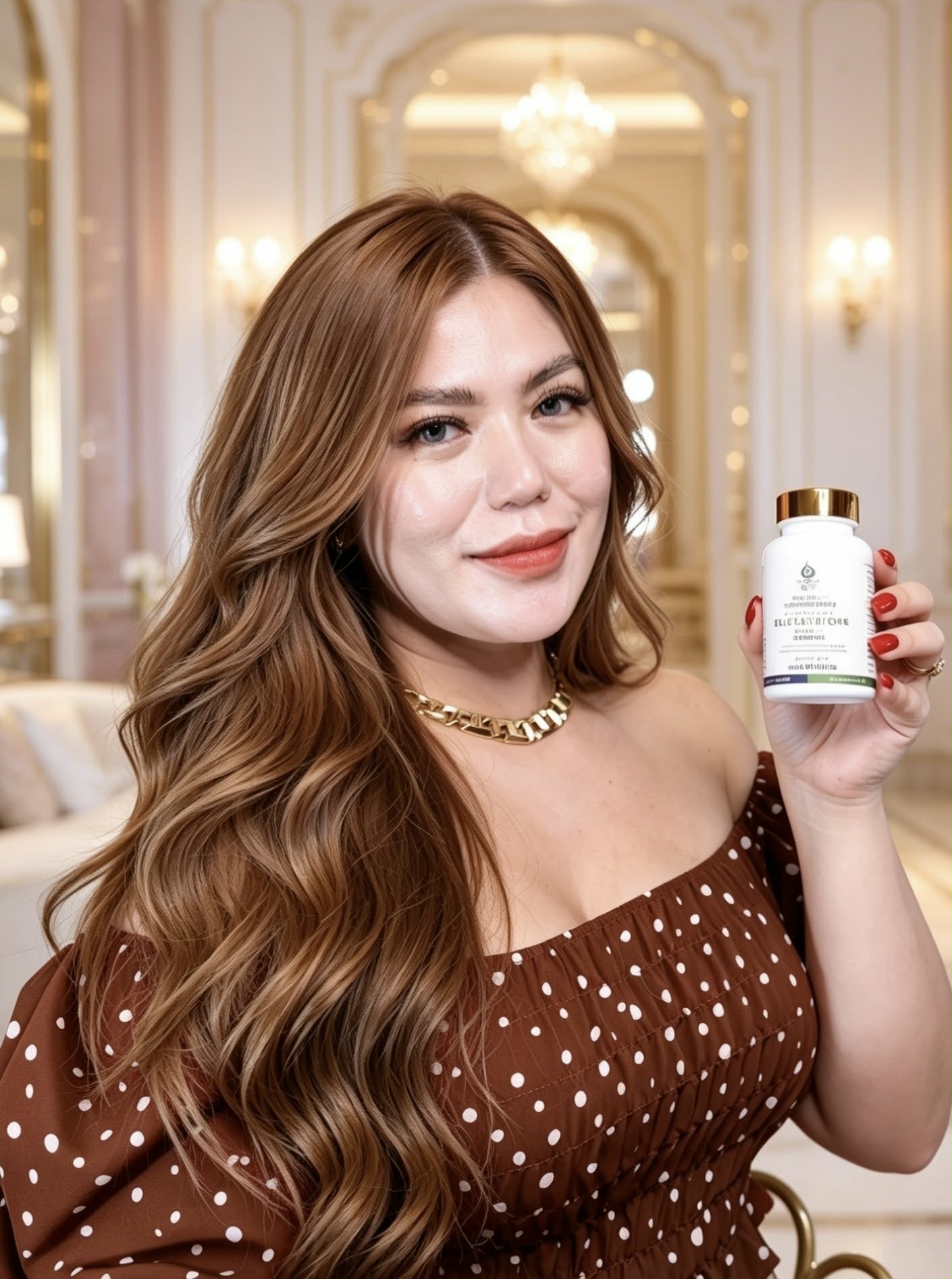 Smiling woman with long wavy hair holding a Ureshii Glutathione Complex supplement bottle in a luxurious indoor setting, showcasing a premium wellness and beauty product in a lifestyle portrait.