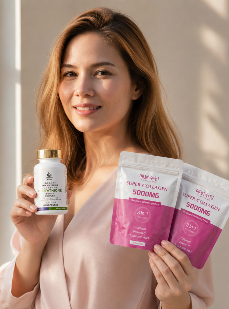 Ureshii Skin Whitening Glutathione Complex with two MEAV Soo Min Super Collagen 5000mg sachets to support healthy-looking skin, hydration, and daily beauty wellness
