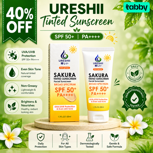 Ureshii Sakura Tinted Sunscreen SPF 50+ PA++++ featuring broad-spectrum UV protection with a lightweight tinted formula for daily wear and an even-looking complexion.
