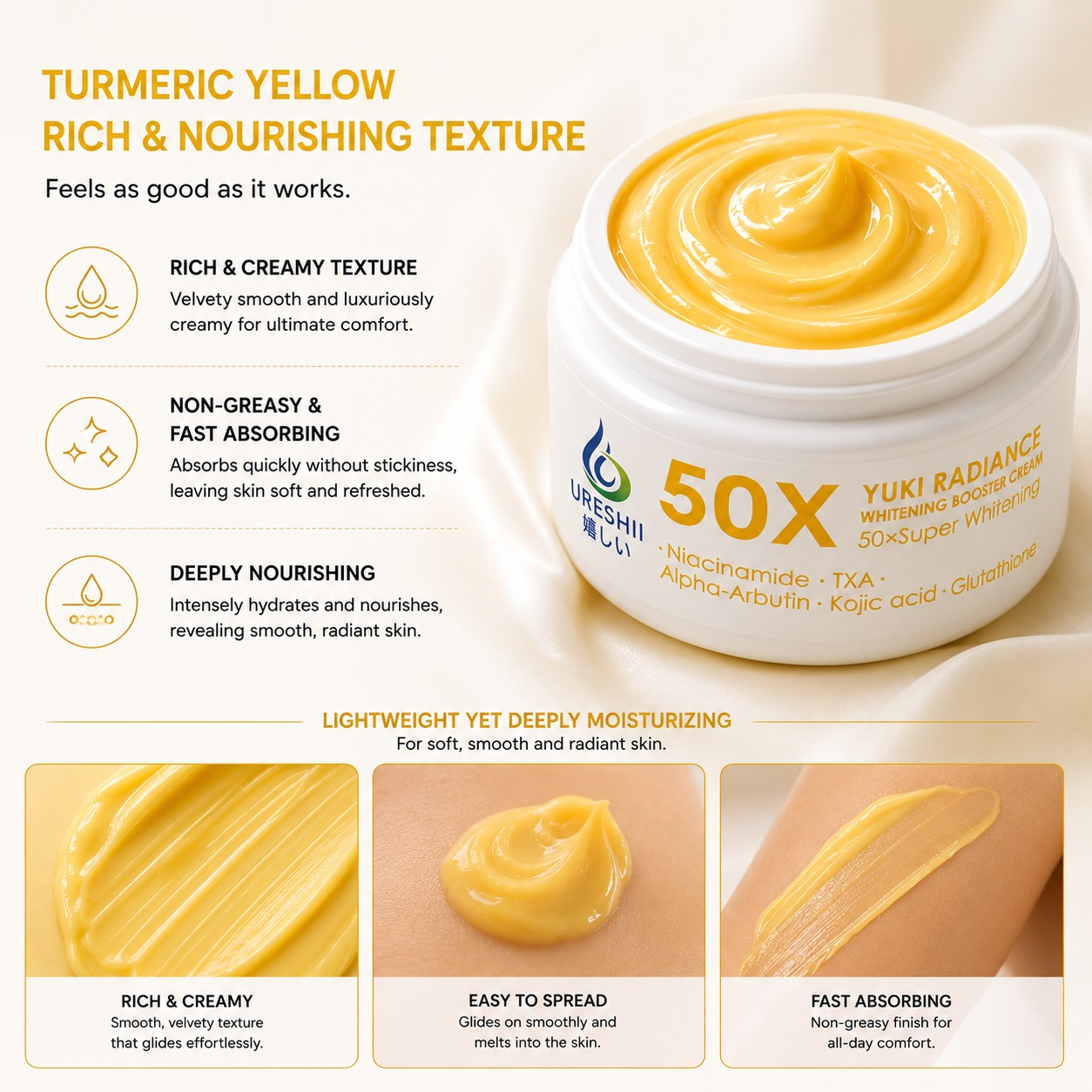Yuki Radiance 50X Whitening Booster Cream featuring a rich creamy texture with lightweight hydration, smooth application, and fast-absorbing skincare benefits for soft, radiant-looking skin.